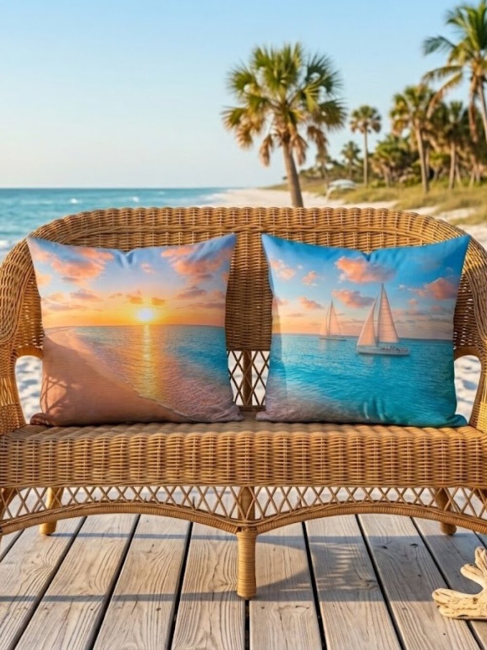 Beach Scene Throw Pillows 18" Square Sunset Moonset Front and Backs